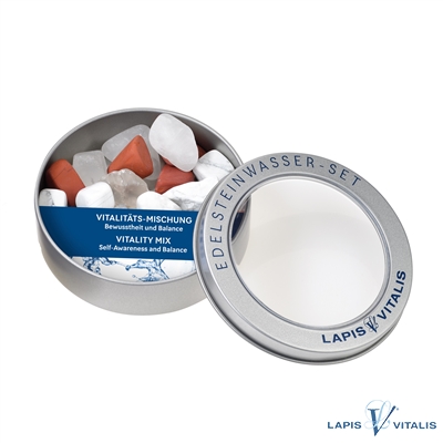 Lapis-Vitalis Wassersteine Mischung "Vitalitäts-Mischung" (Bergkristall, Mganesit, Roter Jaspis) in Metall Geschenkdose