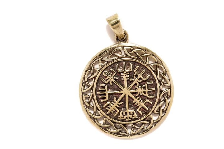 Vegvesir Schmuck Anhänger - WINRAR - ø3 cm - Wikinger Kompass mit Knotenmuster - Bronze