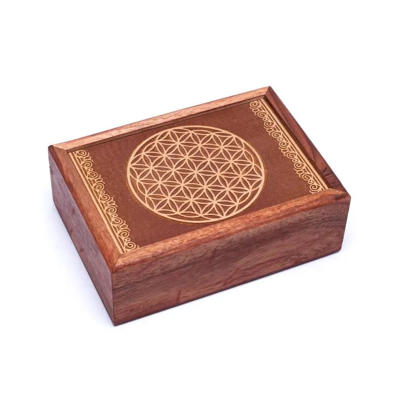 Tarotkistchen geschnitzt, Blume des Lebens - 17.5x13x6.5 cm